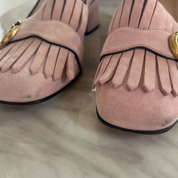 Gucci Double GG Marmont Blush Pink Suede Fringe Loafer Pump - Picture 11 of 15